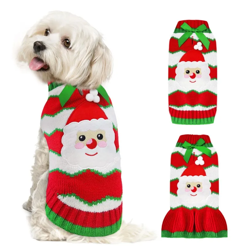 Пуловер за куче Зимни дрехи Коледен костюм Вязаное палто за куче Топъл гащеризон за куче Чихуахуа Френски Булдог Рокля-пуловер райе