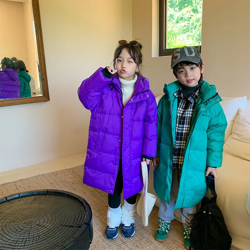 Детско палто Новата Есенно-Зимна Корея, модерно яке със средна дължина на тежко топола, Бебешко яке в Бяло утином топола с качулка