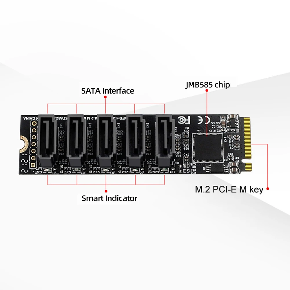 6-Портов карта за разширяване на M. 2 M-Key SATA PCIE Странично Card M2 NVME на картата разширяване на SATA 3.0 JMB585 Адаптер 6 Gbit/с 6x SATA3.0 Странично Expansion