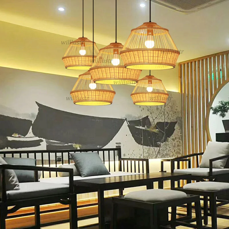 Бамбук окачен лампа ръчно плетени в стил Мозайка Окачен лампа Кафе-бар на хотела Трапезария Дървена Подвесная Таванна Полилей ръчно изработени