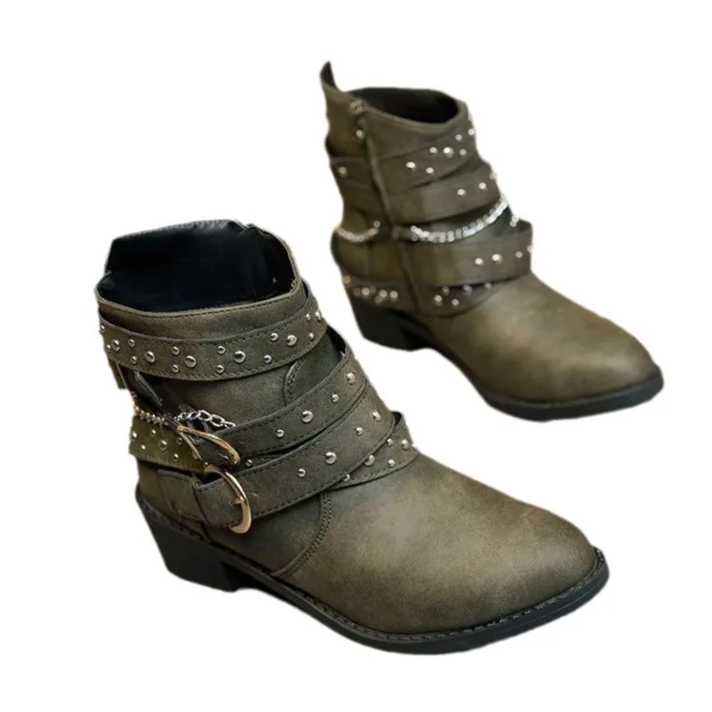 Ботуши Дамски Зимни каубойски Военни, големи размери, обувки в стил готик-пънк, къси кожени ботильоны 